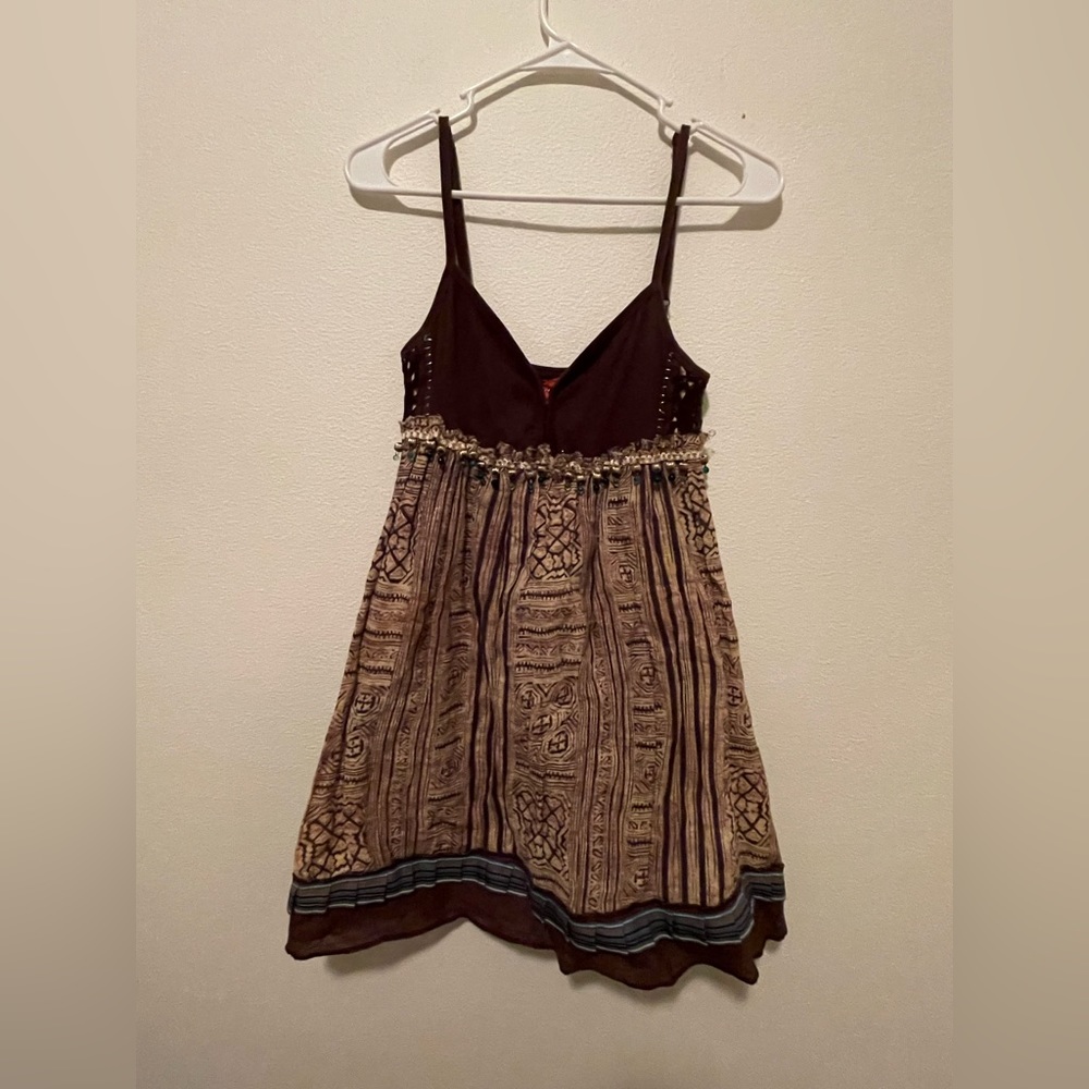Y2k free people babydoll dress size 6 boho beaded lace crochet brown hippie mini